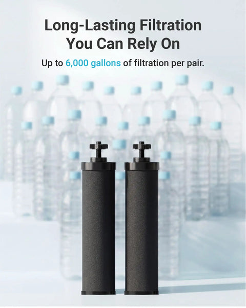 Gravity Water Filter Replacement For Berkey BB9 2 Black Carbon Filter with water bottles in background.
