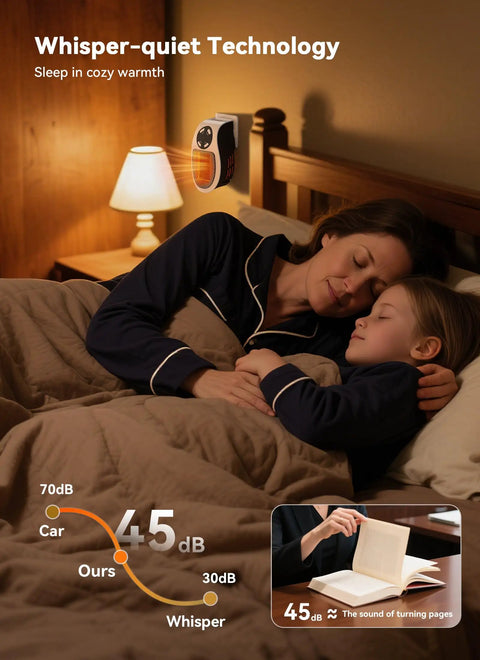 Mother and child sleeping with Power Saving 450W Space Heater With Remote Wall Outlet Plug on wall demonstrating whisper-quiet use.