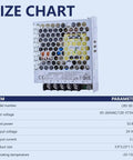 Tough As Nails Rock Solid Ultra Slim Fanless AC To DC Converter 24V 2.2A 52.8W Switching Power Supply size chart with specifications.