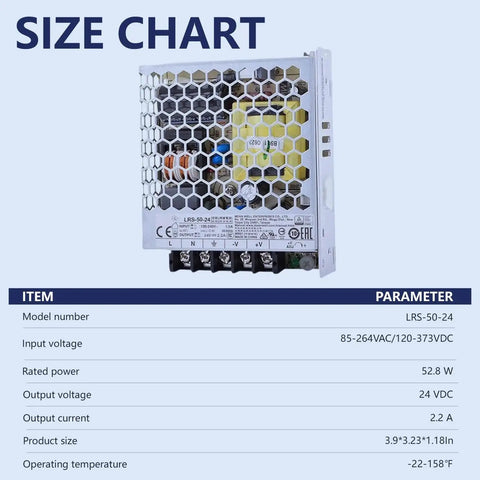 Tough As Nails Rock Solid Ultra Slim Fanless AC To DC Converter 24V 2.2A 52.8W Switching Power Supply size chart with specifications.