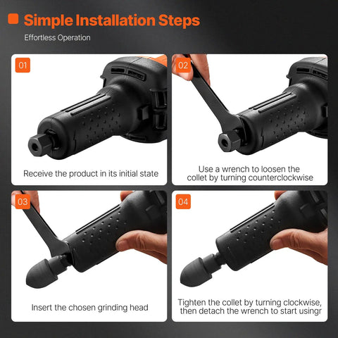 Heavy Duty Workhorse Die Grinder With Variable Speed 7000 To 30000 Rpm showing simple installation steps for collets and grinding heads.