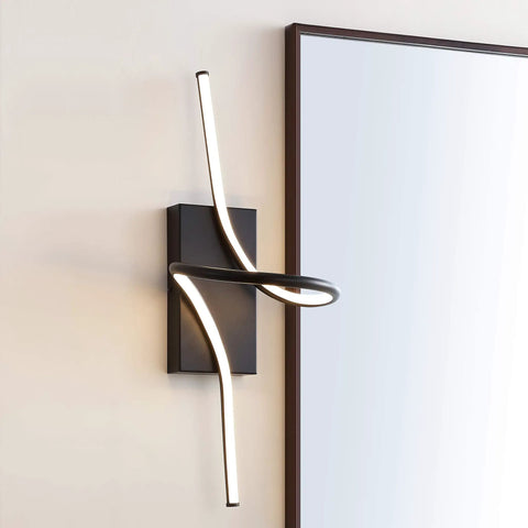 Nine Inch Black Sleek Modern Minimalist Integrated LED Vanity Light Sconce Dimmable Metal Wall Lamp beside mirror