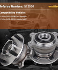 Two Piece Rear Wheel Hub Assembly Pair For AWD 2013 2018 Escape And 2015 2019 MKC Direct Replacement For OE 512500 Splined Center With Easy Bolt On Install, showing the rear hub design and compatibility details.