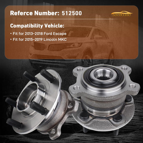 Two Piece Rear Wheel Hub Assembly Pair For AWD 2013 2018 Escape And 2015 2019 MKC Direct Replacement For OE 512500 Splined Center With Easy Bolt On Install, showing the rear hub design and compatibility details.