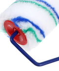 Close-up of a Two Piece Seamless Corner Paint Roller With Dual Grip Handles, featuring blue and green striped lint free sleeve.