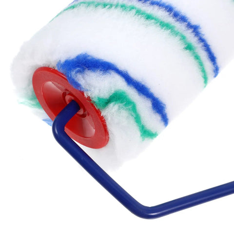 Close-up of a Two Piece Seamless Corner Paint Roller With Dual Grip Handles, featuring blue and green striped lint free sleeve.