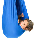 Blue 95 Percent Cotton Sensory Swing For Kids X Large Therapy Swing With Deep Pressure Support For Autism SPD And Anxiety Calming Cozy Swing With 4 Way Stretch Fabric Hardware Included, child inside blue cocoon swing