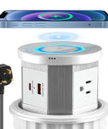 Splash Resistant Pop Up Countertop Outlet With 15W Wireless Charger And Dual USB Ports For Instant Plug And Play Setup Three Grounded Ac Outlets No Sweat Home Kitchen Upgrade White shown with smartphone charging.