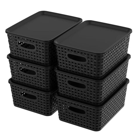Image showing six black stackable ventilated baskets with lids, part of Six Pack Plastic Storage Baskets With Lids For Easy Organization.