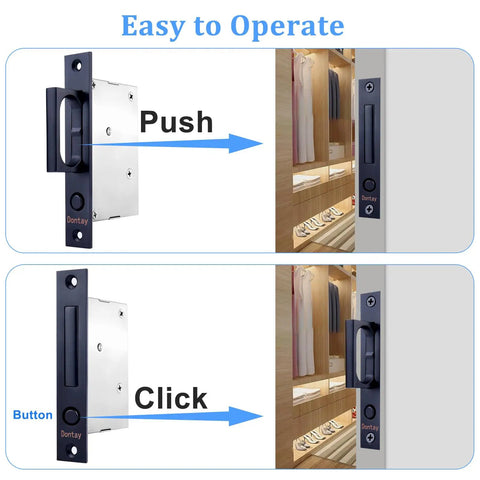 Auto Pop Pocket Door Edge Pull With Hidden One Touch Button Flush Mount Sliding Door Handle Large Grab Ring black metal, shown open and flush