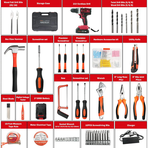 Cordless Drill Kit 21V Power Drill Set With Two Batteries And Charger 25 Plus 3 Torque Settings displayed with full accessory set