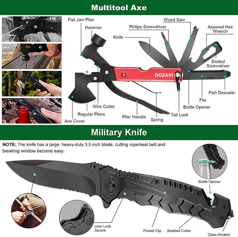 Two tools: Dozavi red-handle multitool with axe and pliers; black folding military knife.