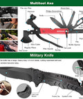 Multitool axe and military knife from Hardcore Survival Gear Kit With Molle Pouch For Men And Women, showing features and uses.