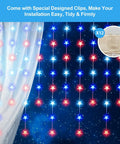 Hanging Star Curtain Lights For Window With 70 Star String Lights USB Plug In 8 Modes Twinkle Fairy Lights Lit Red White Blue Holiday Decor For Independence Day Memorial Day Fourth Of July 10ft By 2.6ft shown hanging with special clips