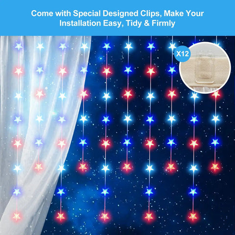 Hanging Star Curtain Lights For Window With 70 Star String Lights USB Plug In 8 Modes Twinkle Fairy Lights Lit Red White Blue Holiday Decor For Independence Day Memorial Day Fourth Of July 10ft By 2.6ft shown hanging with special clips