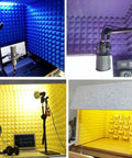 Plug And Play Portable Vocal Booth With Acoustic Isolation Shield And Dense Foam Panels For Straight Fire Mic Vocals setup in four colorful environments.