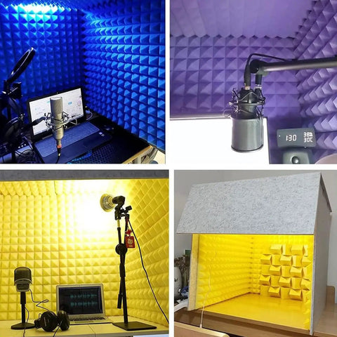 Plug And Play Portable Vocal Booth With Acoustic Isolation Shield And Dense Foam Panels For Straight Fire Mic Vocals setup in four colorful environments.