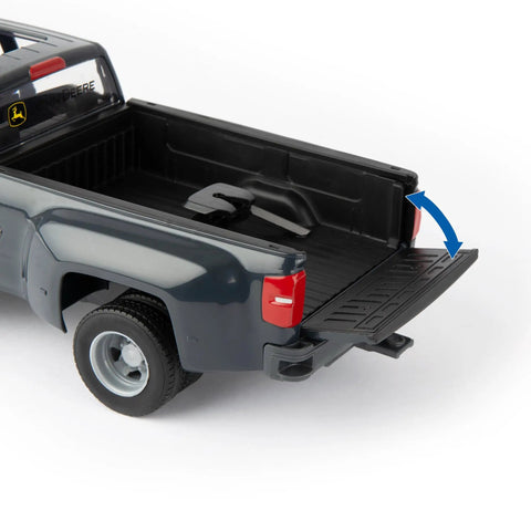 John Deere 1:16 Scale Farm Construction Set With Skid Steer And Chevy Silverado Lights, Sounds And Barricades, toy truck tailgate open