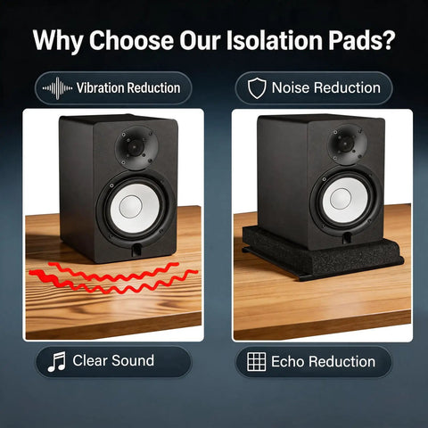 Top Grade Acoustic Isolation Pads For Five Inch Studio Monitor Speakers Featuring Dead Quiet Sound Dampening And Rock Solid Vibration Control For A Tighter Audio Mix, shown with speakers on wooden surface.