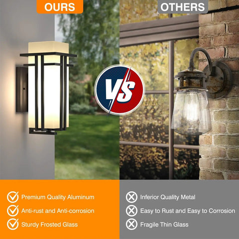Comparison of modern outdoor wall light with frosted glass, aluminum exterior lantern for house, garage, porch and carport