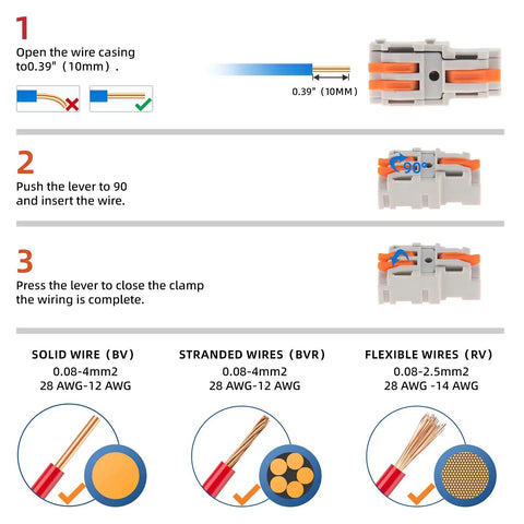 Installation guide for Lever Wire Connectors 10 Pack 1 In 2 Out Inline Splice Quick Connect For Electrical Wire 28 To 14 AWG 0.08 To 2.5 mm2
