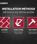 Pro Grade Moisture Barrier Underlayment For Solid And Engineered Wood Floors And LVP, 6 Mil, showing installation methods: floating, staple down, nail down.