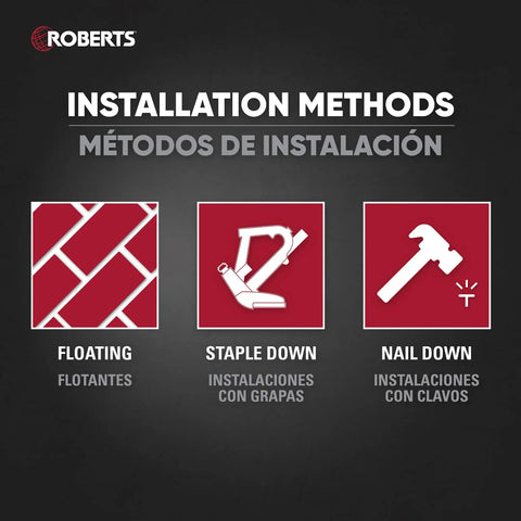 Pro Grade Moisture Barrier Underlayment For Solid And Engineered Wood Floors And LVP, 6 Mil, showing installation methods: floating, staple down, nail down.