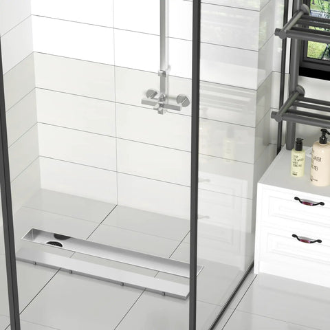 32 Inch Offset Linear Shower Drain With Tile Insert Grate Cover, Brushed 304 Stainless Steel, Side Outlet Floor Drain, Easy Install Adjustable Leveling Foot, Hair Strainer Catcher, High Flow 36 L Per Min