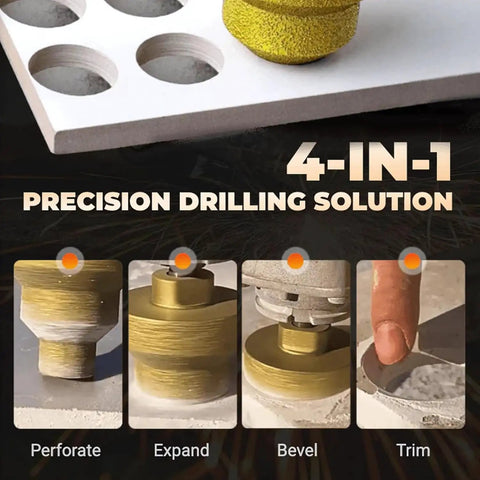 Diamond Core Stepped Pagoda Drill Bit M10 Thread For Metal And Granite Three Size Hole Opener close-up with usage examples