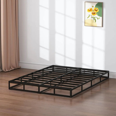 Heavy Duty Queen Box Spring 7 Inch Metal Frame Mattress Foundation Bed Base Built Tough For Rock Solid Support And Zero Flex Design 3000 Pound Weight Limit on wooden floor.