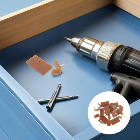 L Shaped Rectangle Drawer Glides Pins for Furniture Drawer Repair with drill shown on blue surface
