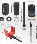 Heavy Duty Injector Sleeve Removal and Installer Kit With Timing Pin and Injector Height Tool Plus Engine Barring Socket For CAT Caterpillar 3406E C15 C16 Diesel Engines Built Tough, showing various tool sizes in millimeters and inches.