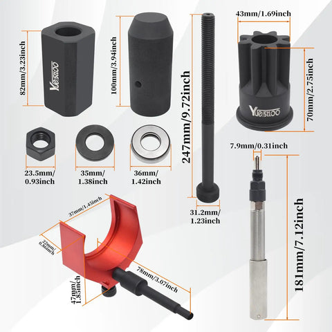 Heavy Duty Injector Sleeve Removal and Installer Kit With Timing Pin and Injector Height Tool Plus Engine Barring Socket For CAT Caterpillar 3406E C15 C16 Diesel Engines Built Tough, showing various tool sizes in millimeters and inches.