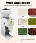 Heavy Duty Digital Particle Filler Machine With Foot Pedal Control Stainless Steel Commercial Packing Scale, showing rice, flour, tea.