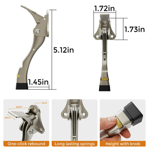 Kickdown Door Stoppers Bottom Mount Foot Pedal Latch Keeps Doors Wide Open Prevents Slamming And Protects Walls No Fuss Setup Heavy Duty Door Holders 2 Pack showing dimensions and features.