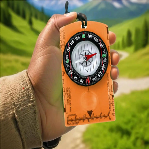Hand holding Orienteering Compass For Hiking And Camping No Nonsense Navigation Tool With Liquid Filled Needle And 362 Degree Bezel