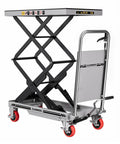 CAMMOO hydraulic lift table cart, gray front view with double-scissor lift and safety guard, red wheels