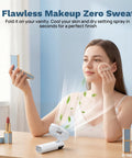 Woman using Handheld USB Rechargeable Fan With 3000mAh Battery Portable Mini Personal Fan 180 Degree Foldable Up To 10 Hours Runtime while applying makeup