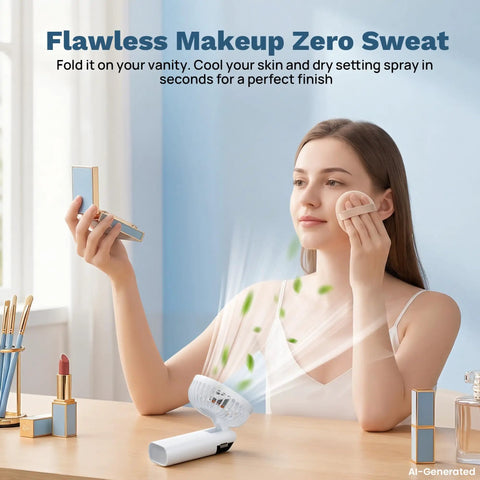 Woman using Handheld USB Rechargeable Fan With 3000mAh Battery Portable Mini Personal Fan 180 Degree Foldable Up To 10 Hours Runtime while applying makeup