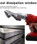 Cordless Electric Metal Shear Cutter With 15000mAh Battery shown cutting steel sheet, handheld design, LED light visible