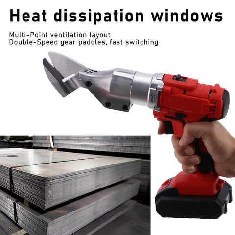 Cordless Electric Metal Shear Cutter With 15000mAh Battery shown cutting steel sheet, handheld design, LED light visible