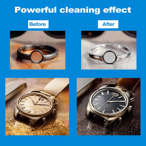 Before and after cleaning images of rings and watches demonstrating Ultrasonic Jewelry Cleaner With Digital Timer And Heater 40 KHz 2L Capacity.