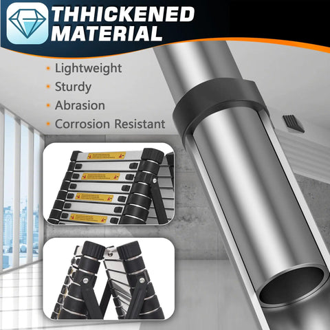 8.53 Ft A Frame Aluminum Telescoping Ladder With 9 Plus 9 Steps Silver Built Tough Like A Workhorse For Home Projects Holds Up To 330 Lb Lightweight And Sturdy For Garage Roof And Loft Tasks, close-up of aluminum hinge and steps