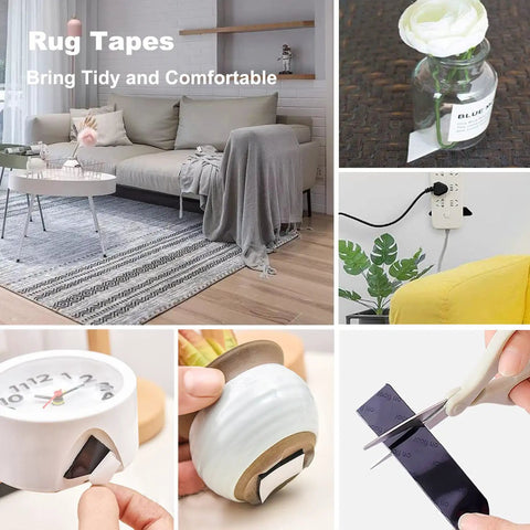 Non Slip Rug Grippers For Hardwood Floors Pack Of 8 Durable Reusable Washable Carpet Tape preventing rug sliding in living room.