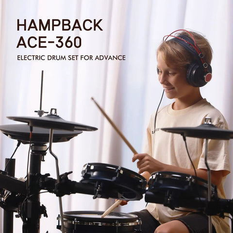 Child playing Ace-360 Electric Drum Set With Eight Inch Pads, Three Twelve Inch Cymbals With Choke, Bluetooth Connectivity.