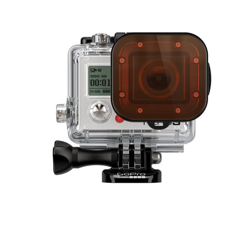 Hero3 Plus Dive Filter For Dive Housing Red With Optical Grade Glass Tool Free Installation Shallow To Deep Water Use From 15 To 70 Feet Rad Underwater Photos And Video Clarity attached to camera housing.