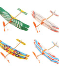 Four balsa wood gliders with rubber bands, part of a Two Pack Rubber Band Powered Balsa Wood Airplane Glider Kit For Outdoor Fun.