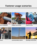 Collage showing fastener usage in furniture installation, bridge and building construction, pipeline valves, equipment, and communication devices.