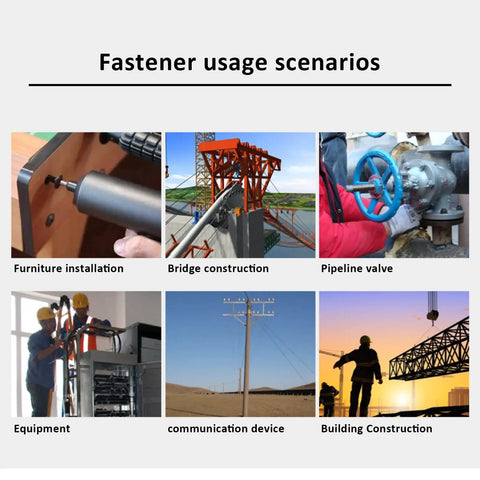 Collage showing fastener usage in furniture installation, bridge and building construction, pipeline valves, equipment, and communication devices.