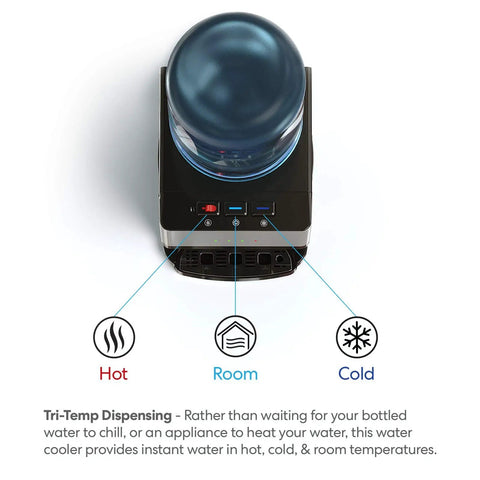 Top view of Limited Edition Top Loading Countertop Water Cooler Dispenser With On Demand Hot Cold And Room Temperature Water Tri Temp UL And Energy Star Approved Stainless Steel Reservoirs Kid Safe Lock
